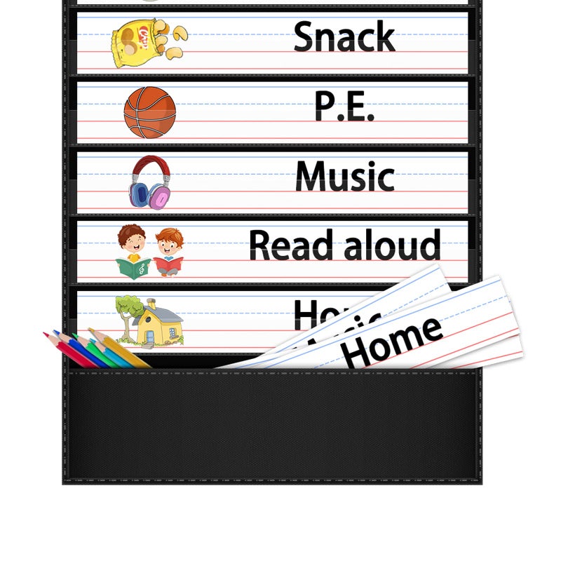 AKAYOK Daily Schedule Pocket Chart, 13+1 Pocket Visual Schedule Chart, 18 Double-Sided Blank Reusable Dry-Eraser Cards, Educational Schedule Charts for Classroom Homeschooling Toddlers-Black - Image 5